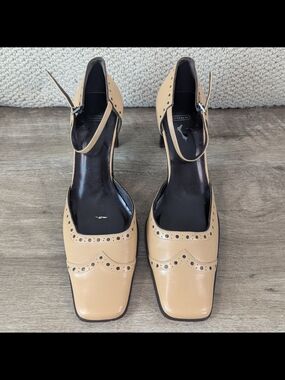 Vintage Coach Hilary Tan Leather Pump 8.5B Square Toe 3" Heel Ankle Strap